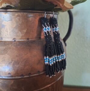 Handcrafted Beaded Earrings - Black and Blue